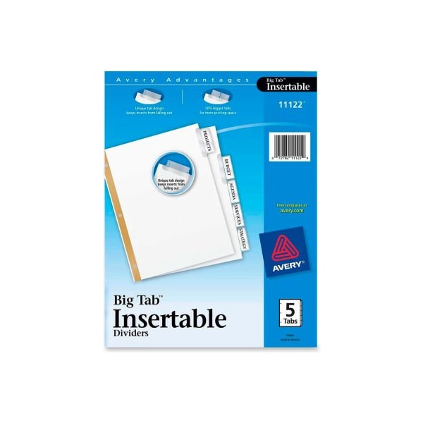 Avery Dennison Avery WorkSaver Big Tab Insertable Tab Divider, Print-on, 8.5"x11", 5 Tabs, White 11122 - main